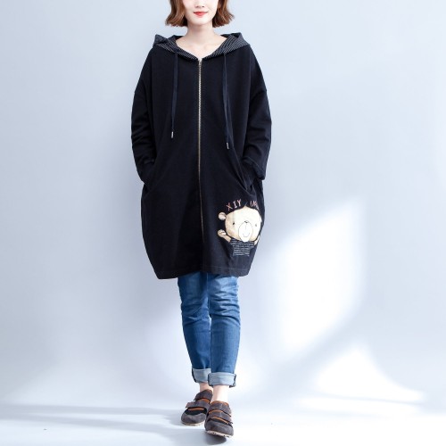 cartoon prints black cotton trench coats plus size casual thick  fit cardigans outwear cartoon prints black cotton trench coats plus size casual thick  fit cardigans outwear