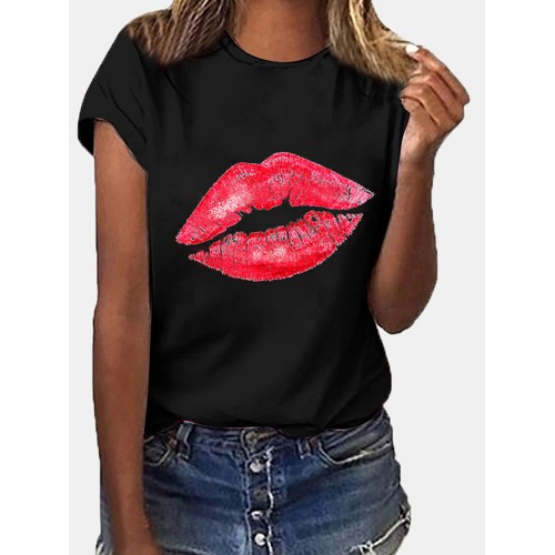 Women Casual Crew Neck Lips Print Short Sleeve Basic Tee T  shirts Women Casual Crew Neck Lips Print Short Sleeve Basic Tee T  shirts