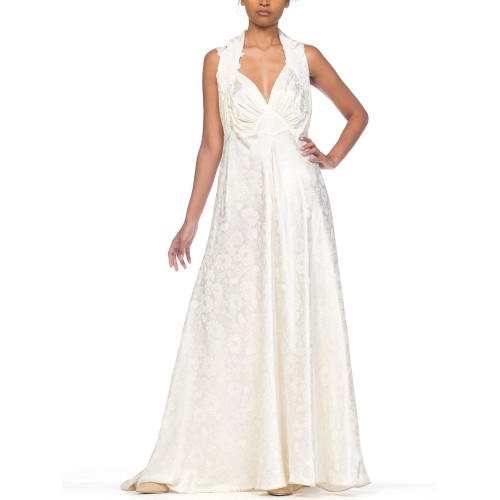 MORPHEW COLLECTION Ivory Floral Rayon Satin Bias Cut  Gown With Lace Trim & Train MORPHEW COLLECTION Ivory Floral Rayon Satin Bias Cut  Gown With Lace Trim & Train