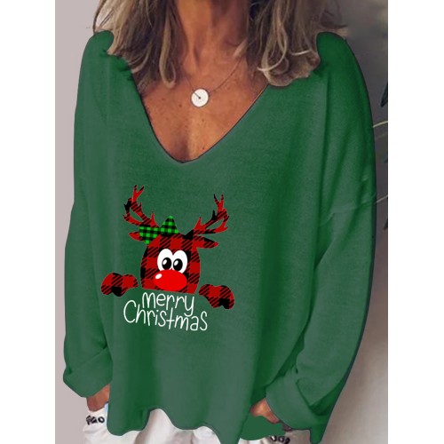 Women Christmas Letter Cartoon Print V  Neck Loose Long Sleeve T  Shirts Women Christmas Letter Cartoon Print V  Neck Loose Long Sleeve T  Shirts
