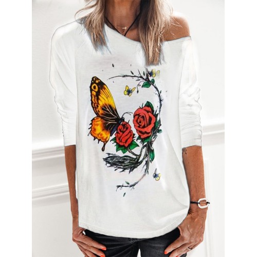 Women Floral Butterfly Print Round Neck Long Sleeve Casual T  Shirts Women Floral Butterfly Print Round Neck Long Sleeve Casual T  Shirts
