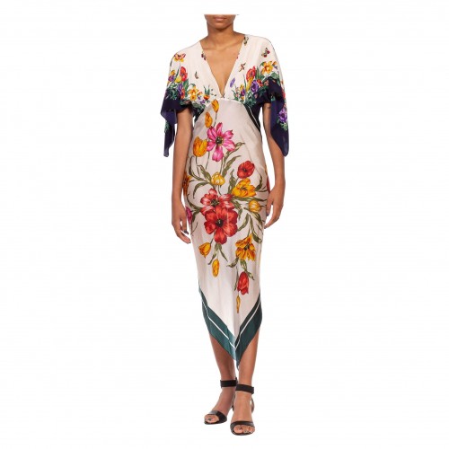 MORPHEW COLLECTION White Multicolored Silk Botanical Print With Borders Scarf Dress MORPHEW COLLECTION White Multicolored Silk Botanical Print With Borders Scarf Dress