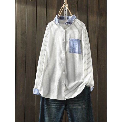 Women Cotton Stripe Print Patchwork Simple Daily Casual Shirts Women Cotton Stripe Print Patchwork Simple Daily Casual Shirts